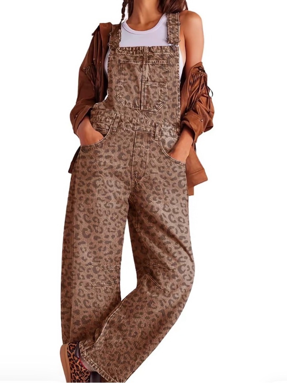 Leopard-Print Brown Women's Denim Overalls